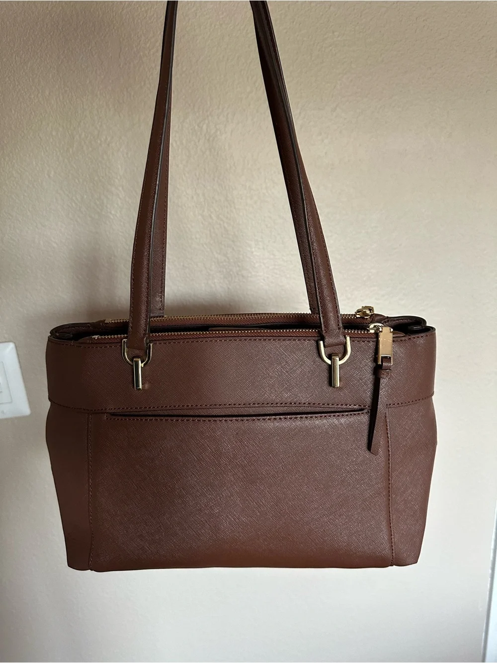 Calvin Klein Chocolate Brown Saffiano Shoulder Bag with Gold Hardware